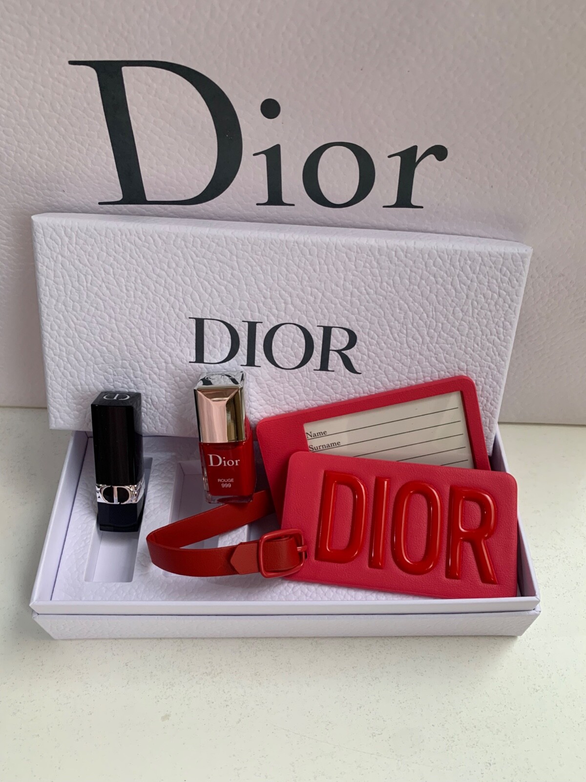 Dior Rouge Dior Lip Nail Polish Luggage Tag w Mirror Coffret in a