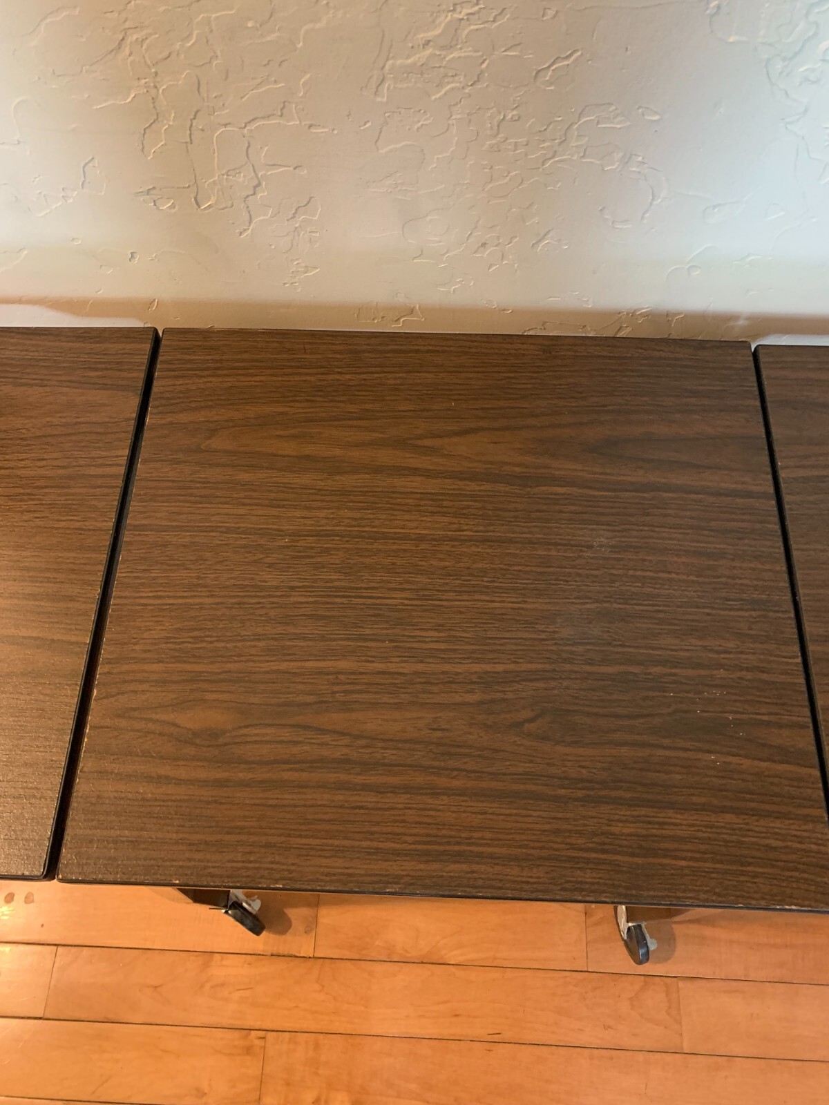 Vintage Drop Leaf Rolling Table Industrial Faux Wood