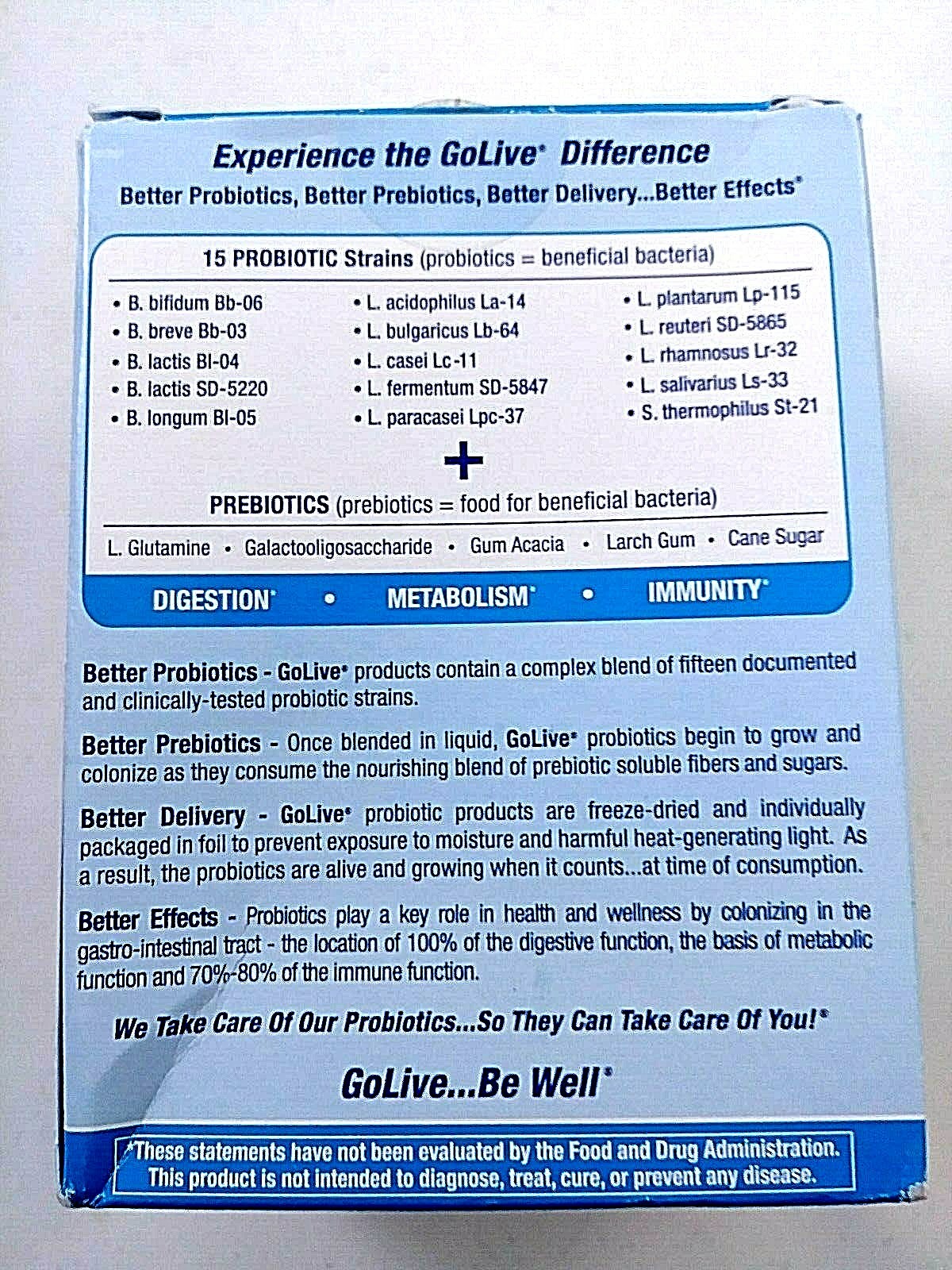 Golive Probiotic and Prebiotic Supplement Blend, Flavorless, 28-Count EXP 02 /20