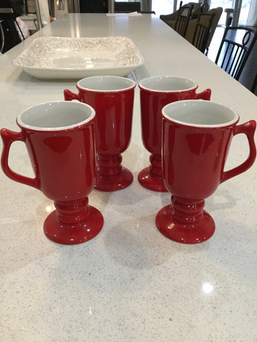 4 RARE RED Vintage Hall Pottery Latte Irish Coffee Footed Mugs