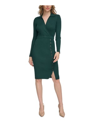 CALVIN KLEIN Womens Green Button Accents Pull-on Long Sleeve Sheath Dress XL