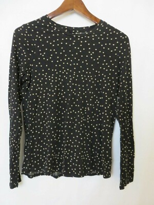Who What Wear Long Sleeve Top Round Neckline Black with Beige Dots Small  #9774