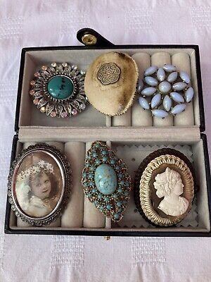 Vintage / Antique Collection Of 6 Costume Jewellery Brooches & Leather Box