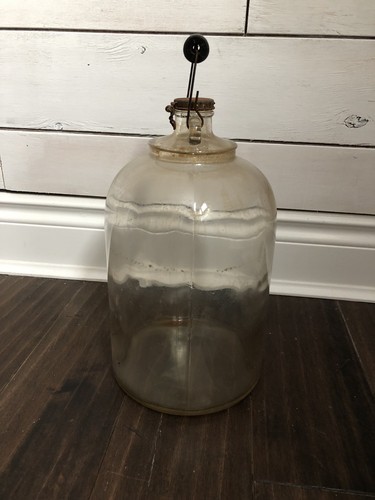 Vintage Glass Moonshine Whiskey Jug Bottle Wooden Handle Rustic Decor