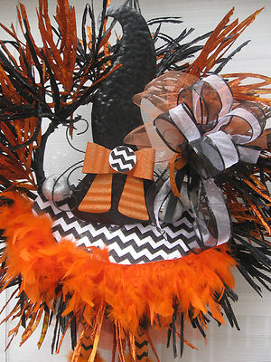 Halloween Wreath Black Orange Witch's Hat Shoes Boots Feathers Pumpkins 30
