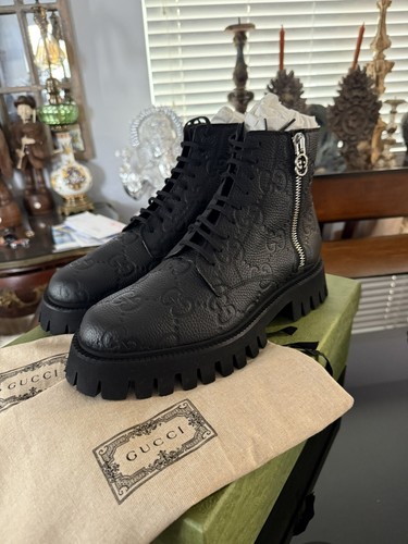 New GUCCI Novo GG Logo Black Leather Side Zip Ankle Boot