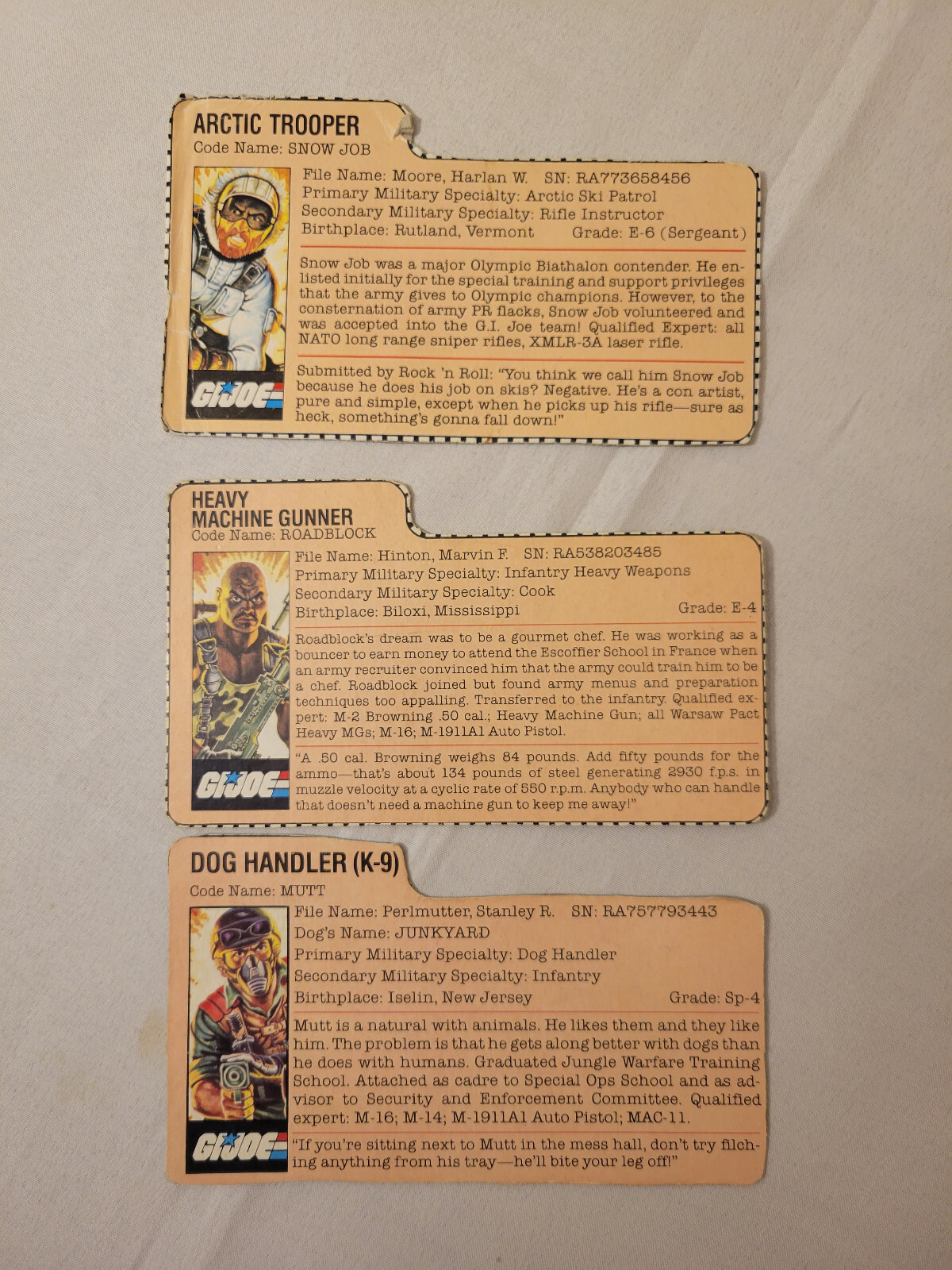 Vintage GI Joe Mutt Roadblock Snowjob Hasbro Figures with File Card