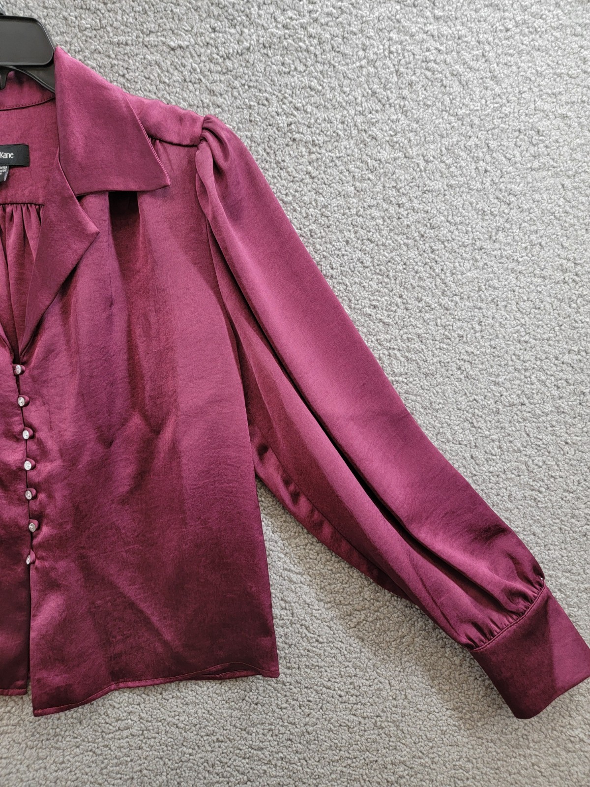 Karen Kane Shirred Blouse Women's L Wine Solid Collared Long Sleeve Button Front - Picture 6 of 16