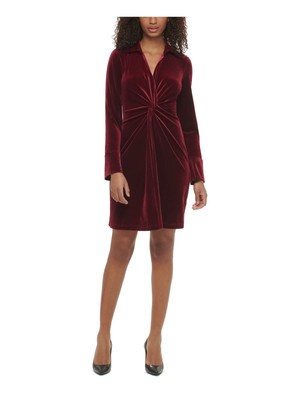 CALVIN KLEIN Womens Maroon Cuffed Sleeve Above The Knee Cocktail Sheath Dress 2