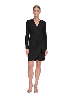 DKNY Womens Black Draped Skirt Long Sleeve Above The Knee Faux Wrap Dress 8