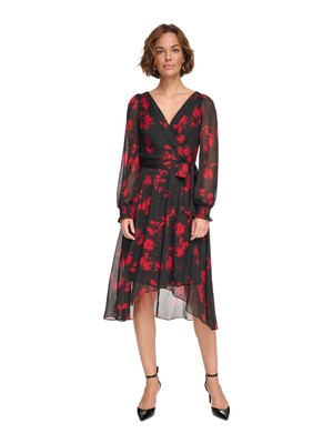 DKNY Womens Black Lined Cuffs Hi-lo Hem Long Sleeve Midi Faux Wrap Dress 6
