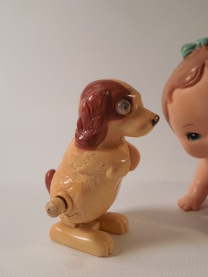 Vintage Pair of 1977 TOMY Taiwan Wind Up Toys Baby Crawling and Hopping Dog