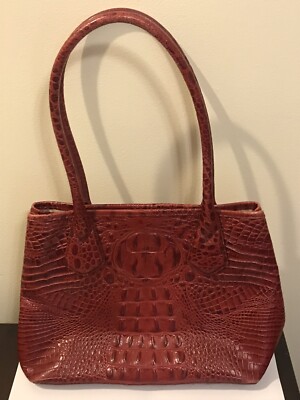 Brahmin Anytime Tote Deep Red Leather Shoulder Bag Crocodile Purse GUC