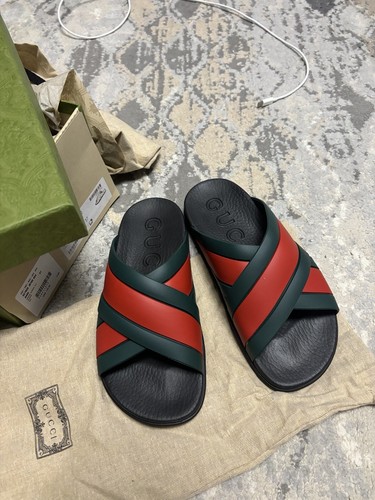 GUCCI GUCCI RUBBER SANDALS WOMEN'S SLIDE EU37 US7 BLACK/GREEN/RED 627820