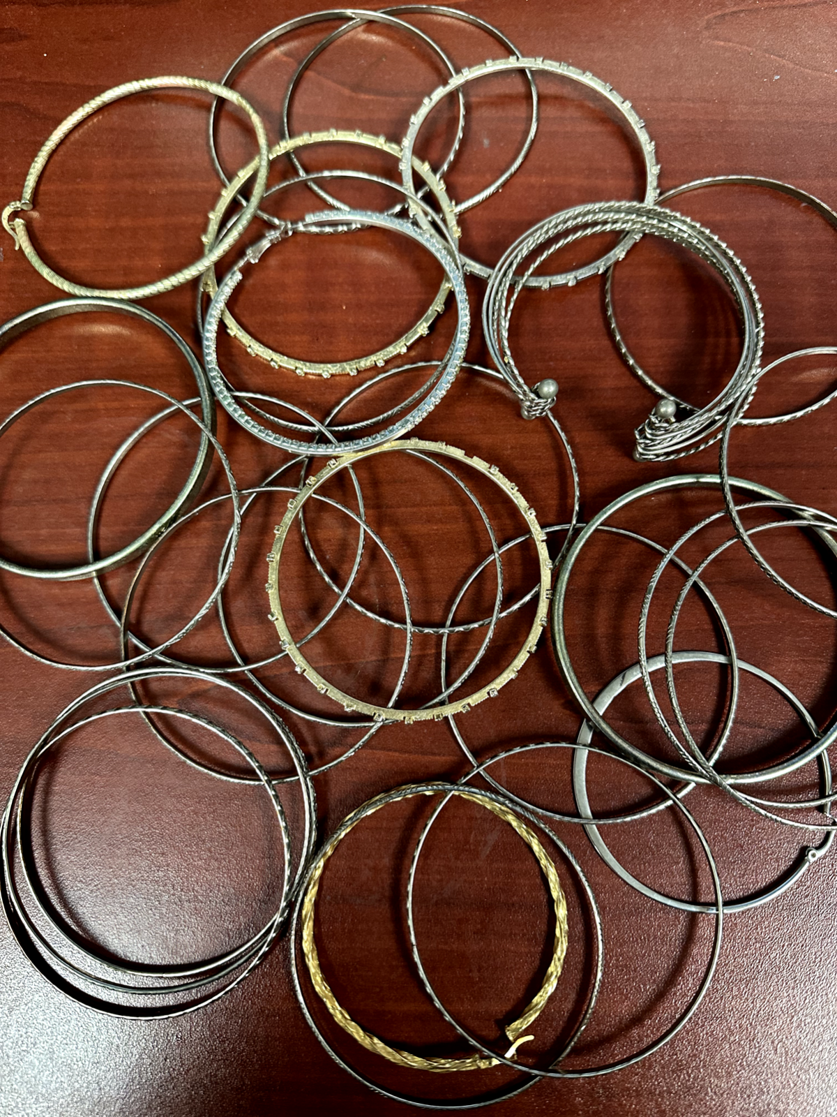 Estate Mixed Lot Of 28 Bangle Bracelets And Unmatched Large Hooped Earrings