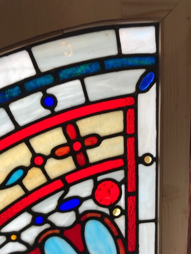 SG 2648 amazing antique arched jeweled Stainglass window 38 x 68.75