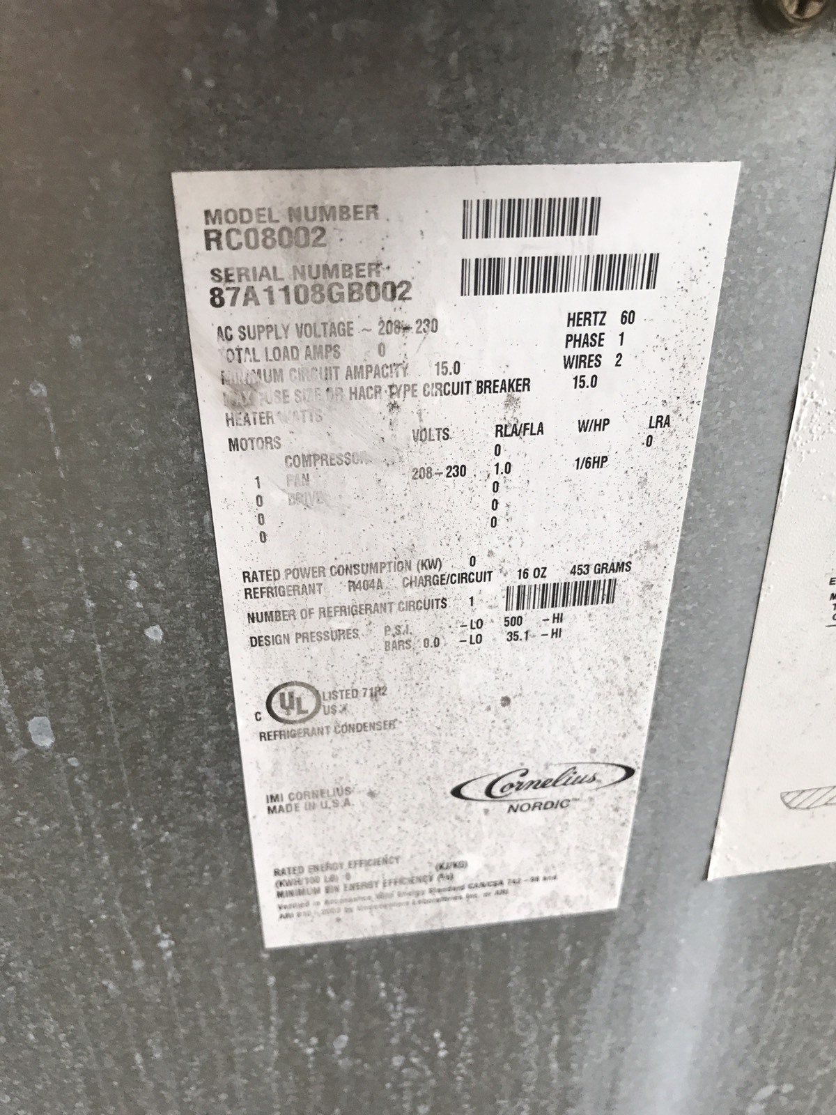 Cornelius RC08002 Remote Ice Machine Condenser 208/230V 1 Phase  Local Pick up