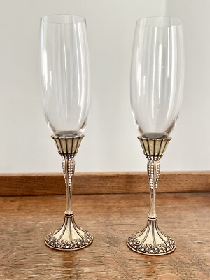 Edgar Berebi St. Moritz Stemware Pearl Crystal Signed Enamel Champagne Pair 7331
