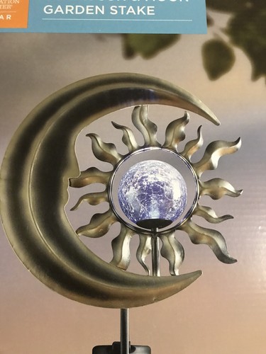 Solar Stake Powered Sun And Crescent Moon Stake. Led Bright Glass Tall