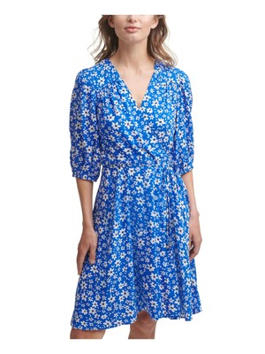 

CALVIN KLEIN Womens Blue Tie с рукавами 3/4 и искусственным запахом Платье Petites, Синий