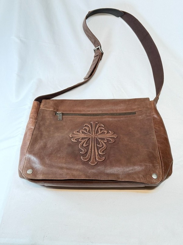 Wilsons Leather Brown Leather Crossbody Messenger Bag Embossed Cross Gothic