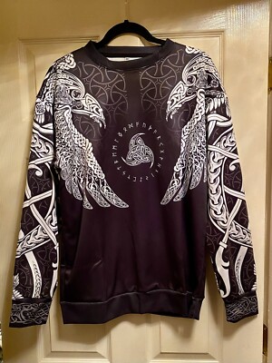 Muninn Men's Unisex Sweatshirt Sweater Norse Viking Ravens & Runes USA made NWT
