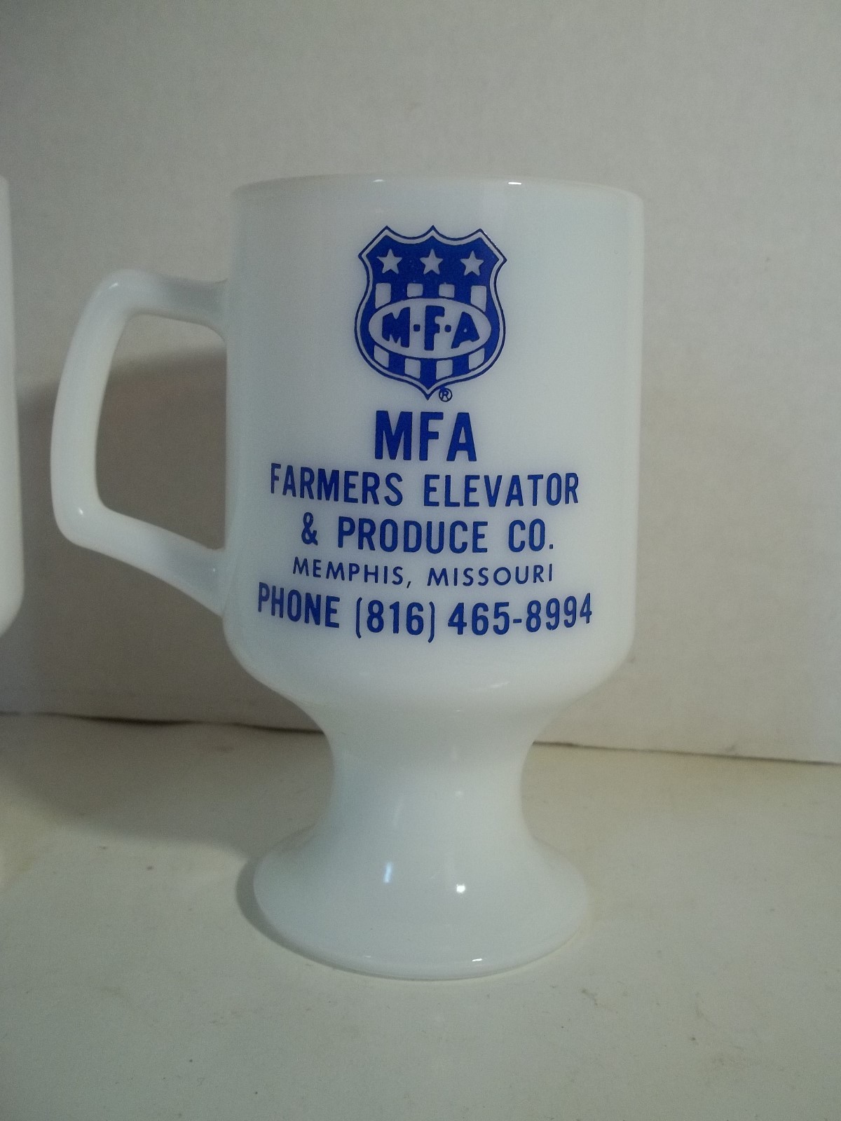 2 Bicentennial Milk Glass Pedestal Mugs 1 Advertising MFA Memphis Missouri