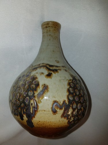 Vase Pottery Grapes Narrow Neck Handcrafted Artist Signed