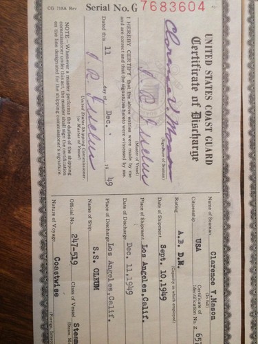 3 1949  U.S. Coast Guard Certificate of Discharge Merchant Seaman Steam Vessels