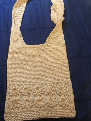 BOHO crochet bag, off white, flower pattern, zippered closure, Fully Lined