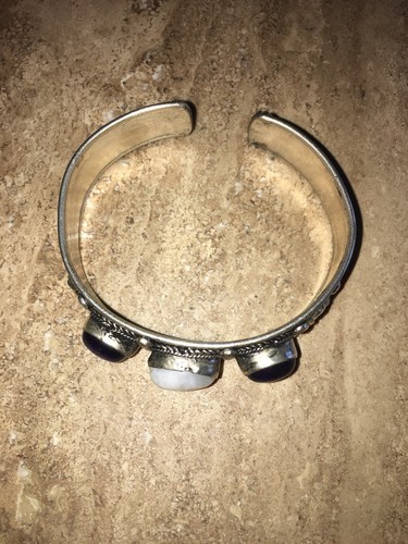 Vintage  Silver  cuff  Bracelet 2  Amethyst  & Moon stone 7” Long 1/2” Wide