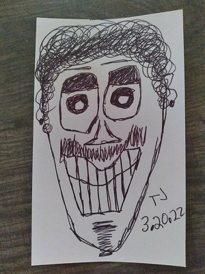 Smiling Man Portrait With Oblong Face Black Ink Drawing 3x5 New Decor On Paper..