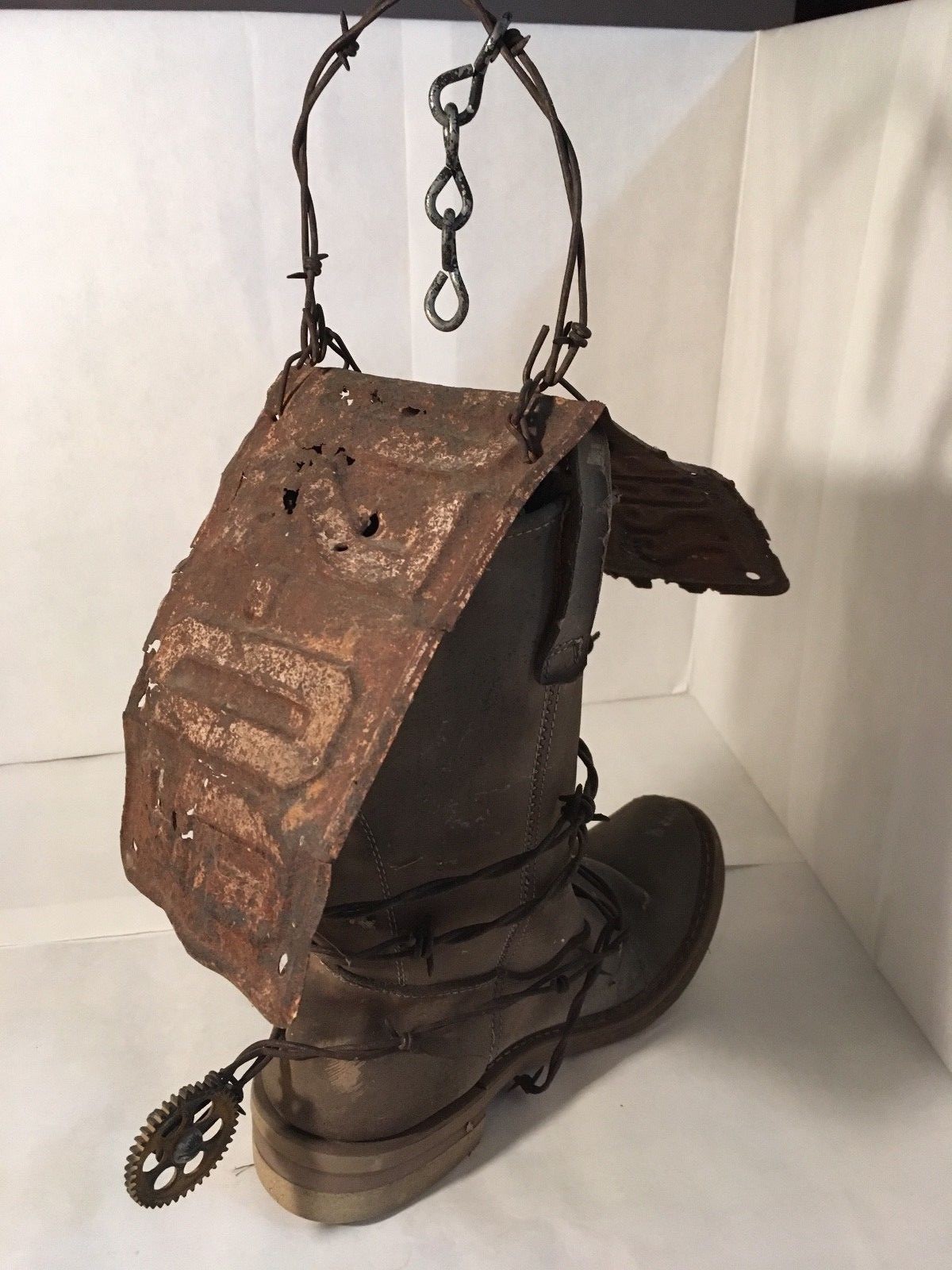 Cowboy Boot Birdhouse Recycled Leather Boot With Barbed 1922 License Plate Roof