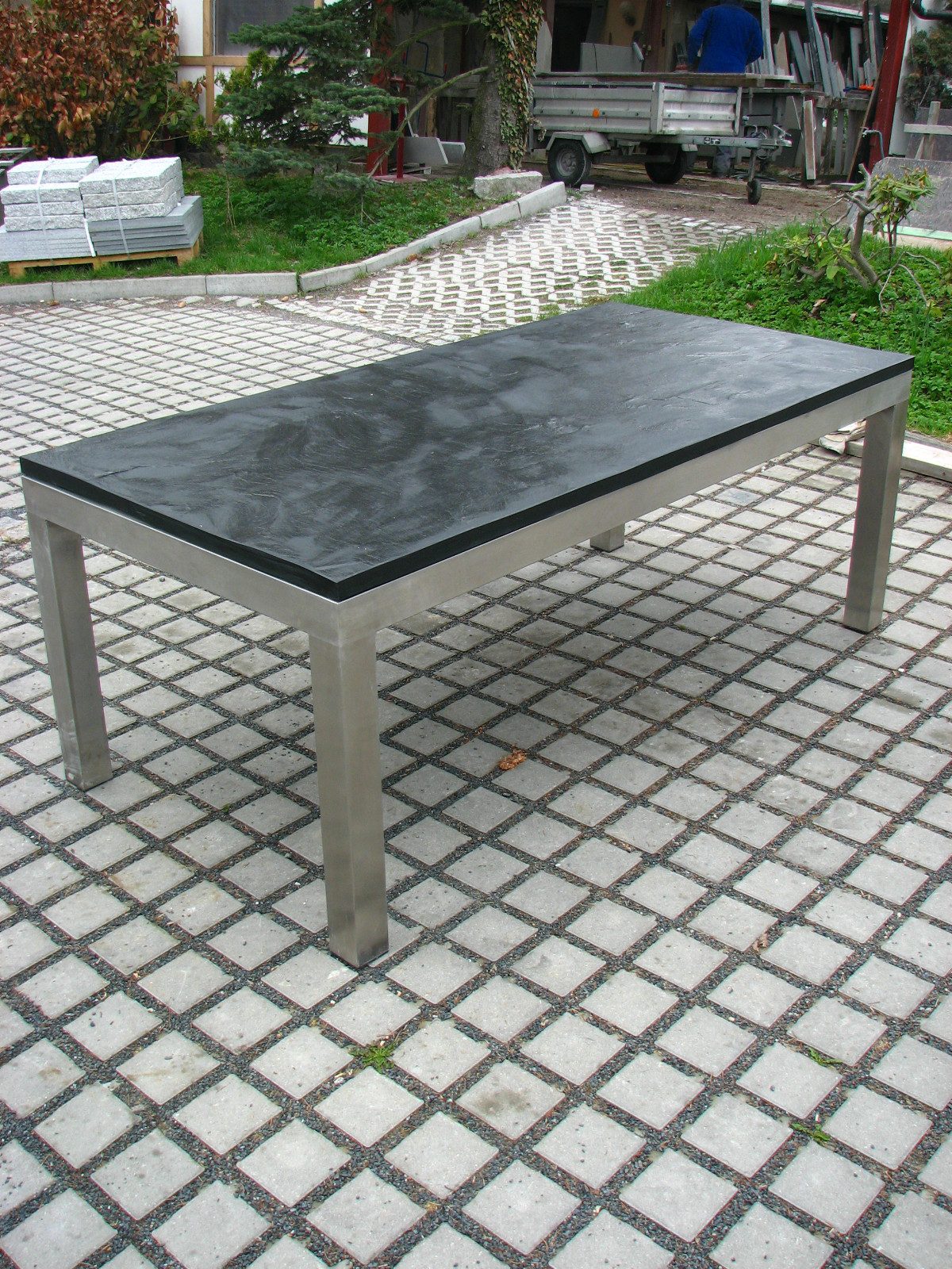 Gartentisch Outdoor-Tisch Esstisch mit Schieferplatte schwarz 180x90 +Edelstahl