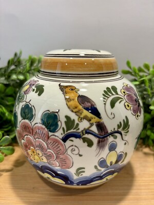 Vintage Delft Polychrome Ginger Jar Handpainted Bird Floral Colorful Delftware