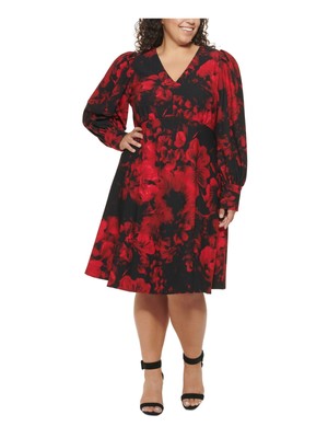 

CALVIN KLEIN Womens Black Scuba Crepe A-Line Dress Plus  с длинными рукавами, Черный