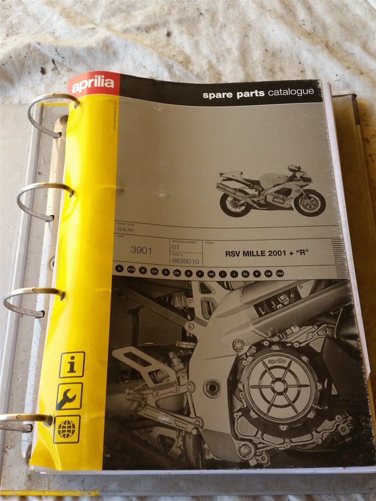 APRILIA SPARE PARTS CATALOGUE RSV 2001 + R 01 FACTORY PART NUMBERS. ITEM  DETAILS. ORIGINAL FACTORY SERVICE MANUAL
