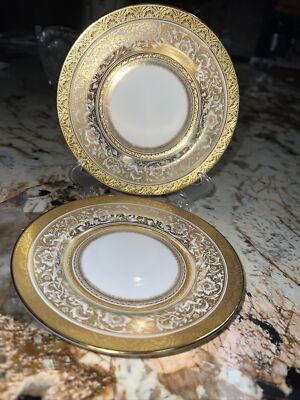 MINTON ENGLAND  Porcelain Ball  Ivory Bone China 2 B&B plate 6.25  Raised Gold