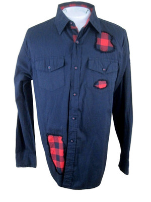 Evolution vtg Men Shirt long sleeve p2p 23.5 cotton raw edge patchwork applique