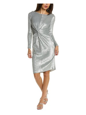 DONNA KARAN Womens Silver Lined Long Sleeve Knee Length Evening Sheath Dress 4