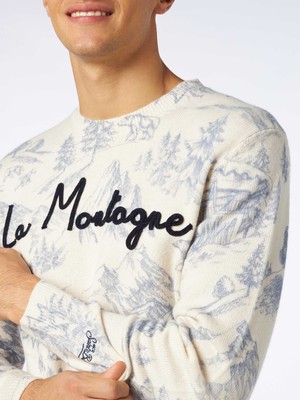 Pre-owned Mc2 Saint Barth Man Crewneck Toile De Jouy Sweater With La Montagne Embroidery In White