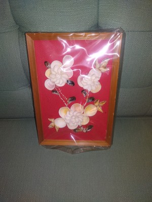 Vintage Wall art Floral MCM Shell Art Framed Decor Picture Phillipines Handmade