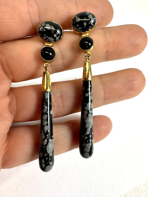 Snowflake Obsidian Earrings Black Speckled Sterling Bead Long Elongated Stone