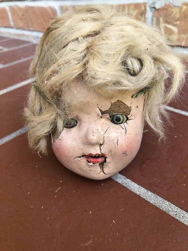 Vintage Creepy Doll Head Moving Eyes 4” Halloween Prop Composition Oddity Old