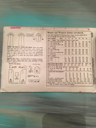 Vintage 1950s Simplicity Sewing Pattern Womens Duster And Smock 4572 Size 14