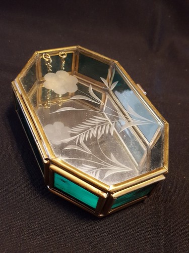 Vintage Stained Glass Etched Trinket Jewelry Box Iris Flower Pattern Bird LOT/4