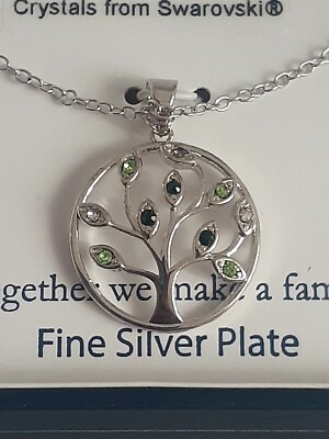 Belk Silverworks Silver Plate Swarovski crystal Family Tree Pendant necklace 16''