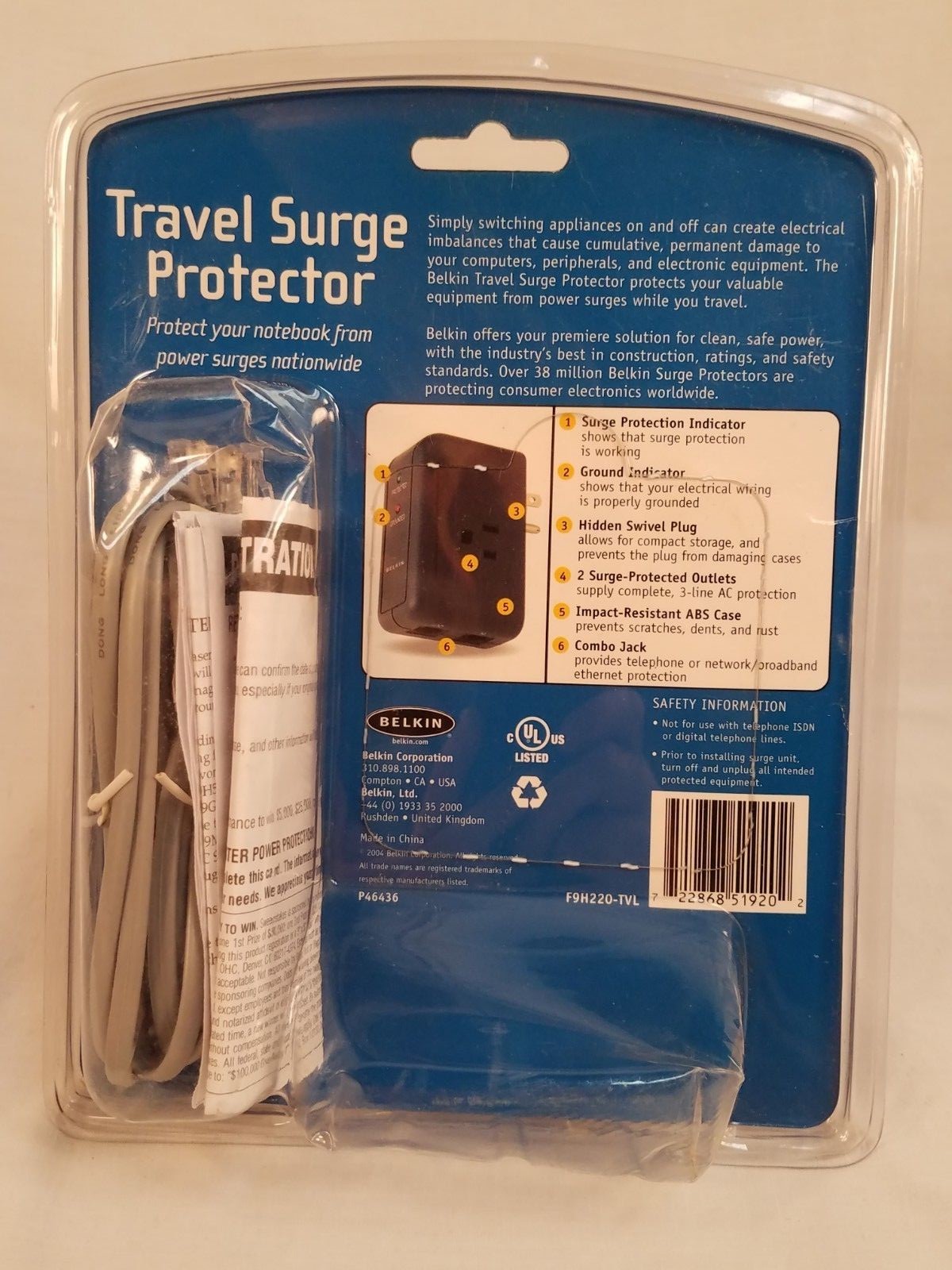 New Belkin Travel Surge Protector with Hidden Swivel Plug F9H220-TVL