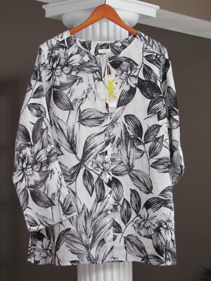 C&C California 100% Linen Button Down Shirt Tunic Top Black/White Floral 1X NWT