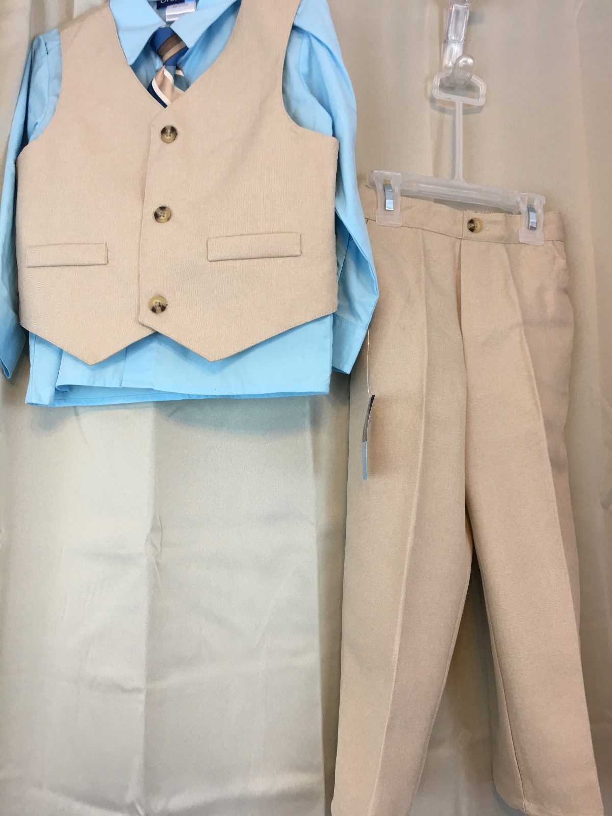 Boys 4 pc outfit khaki vest blue shirt size 4T flat front pant & strilped tie